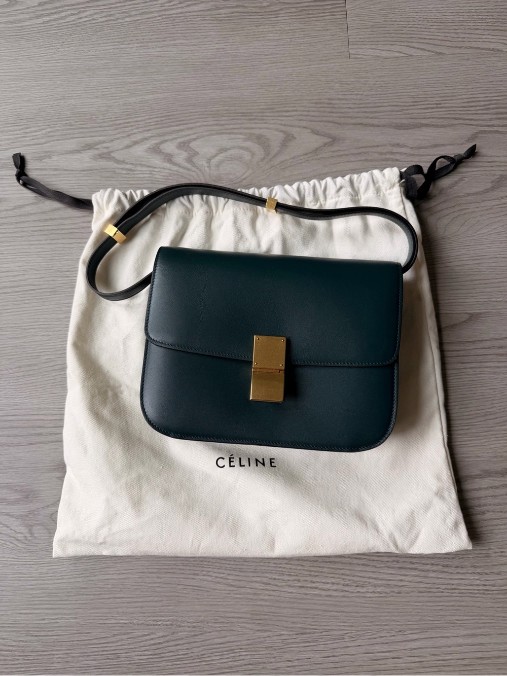 Celine Classic Box Bag in Green Smooth Leather with Gold Hardware